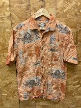 Vintage 80s orange beige hibiscus floral palm Hawaiian party beach rayon shirt size L by Calypso Joe